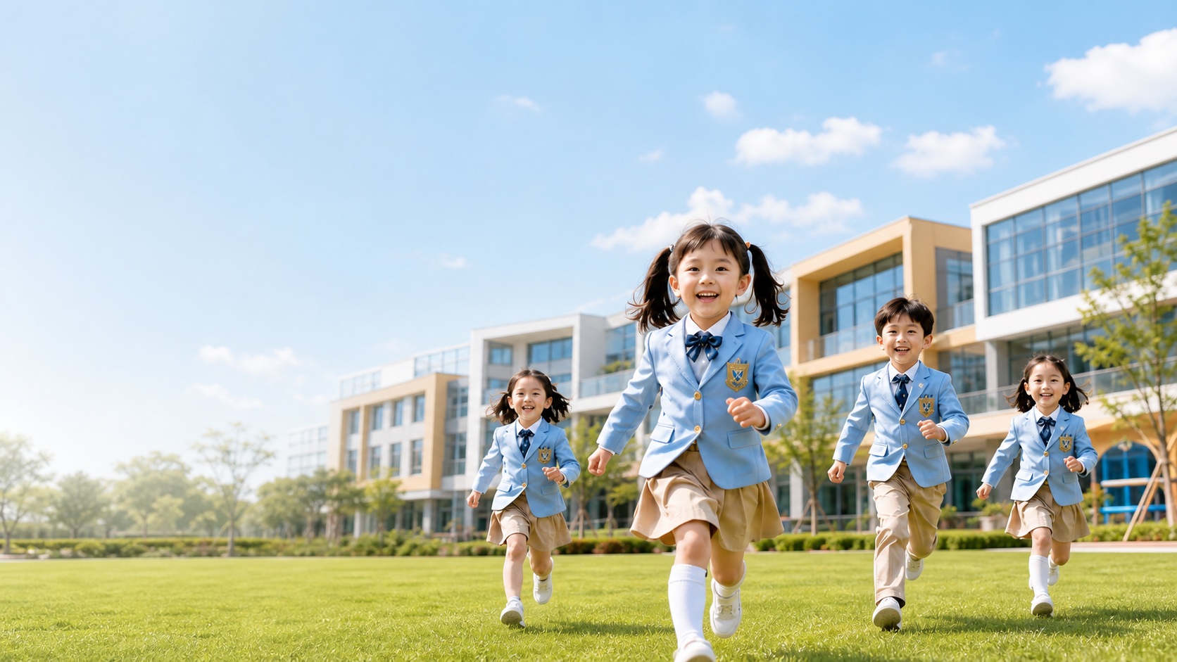 孩子们在校园前奔跑